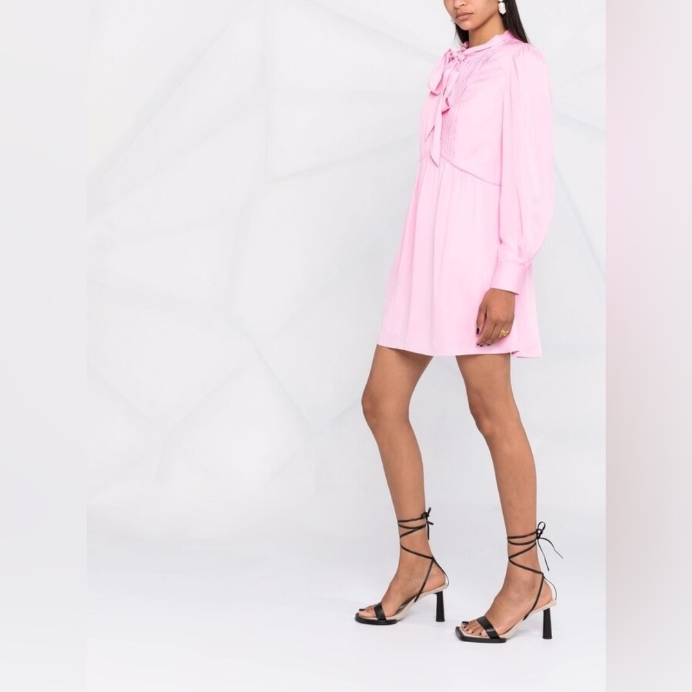 Self-Portrait Satin Viscose Puff-Sleeve Bow-Neck Mini Dress Bubblegum Pink Sz 8 - Picture 2 of 16